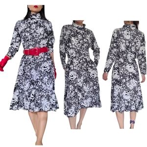 Vintage Breli Originals Black and White Floral long sleeve midi dress Size M S